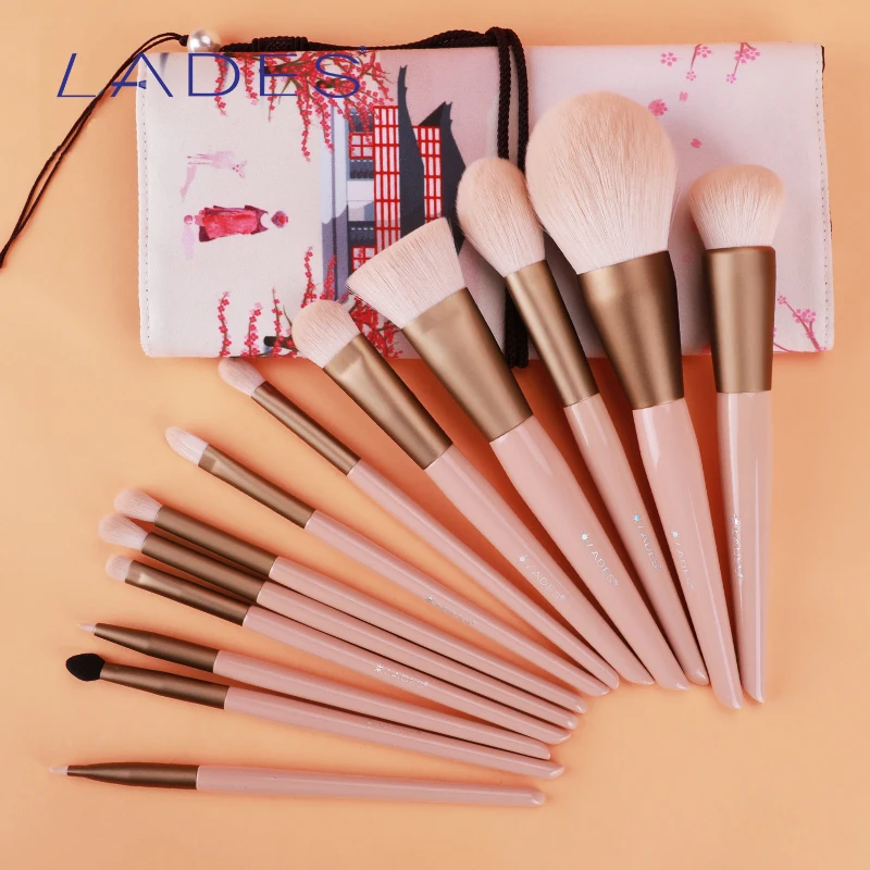 Lades-pincéis de maquiagem profissional femininos, 13 peças, para base, pó, maquiagem, blush, sombra, com bolsa rosa