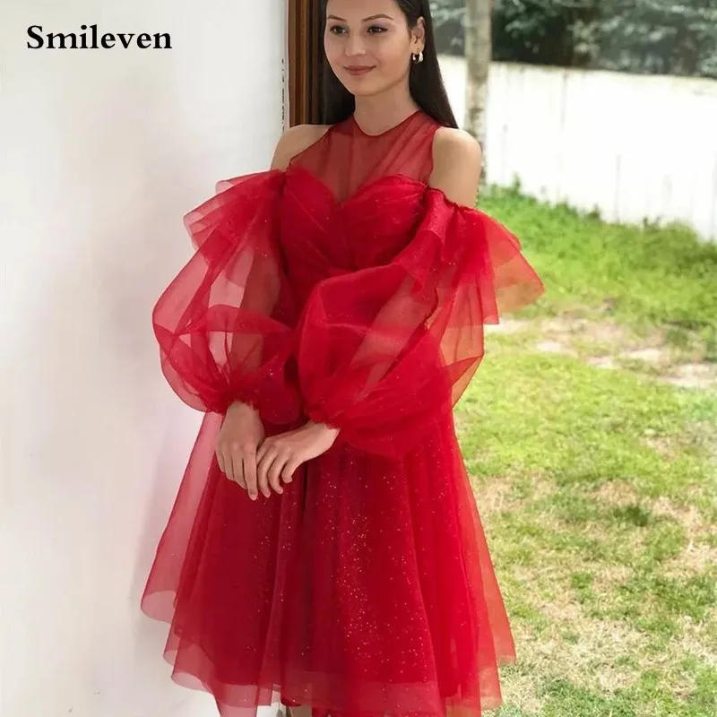 Smileven สีแดงพัฟ Tulle Dresses สายพัฟแขนชุดราตรีข้อเท้าความยาว NeckProm Party Gowns