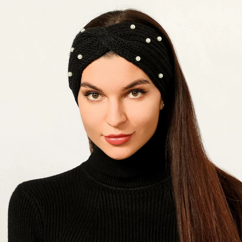 New Pearl Knitted Cross Headbands For Women Girls Handmade Hair Accessories Autumn Winter Headwear Ear Warmer Elastic Hair band