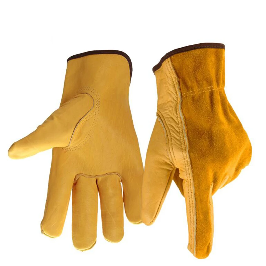 Leather Work Gloves, with Elastic Wrist, Protective Gloves for Gardening, Farm, Warehouse, Construction, Motorcycle, S, M, L, XL