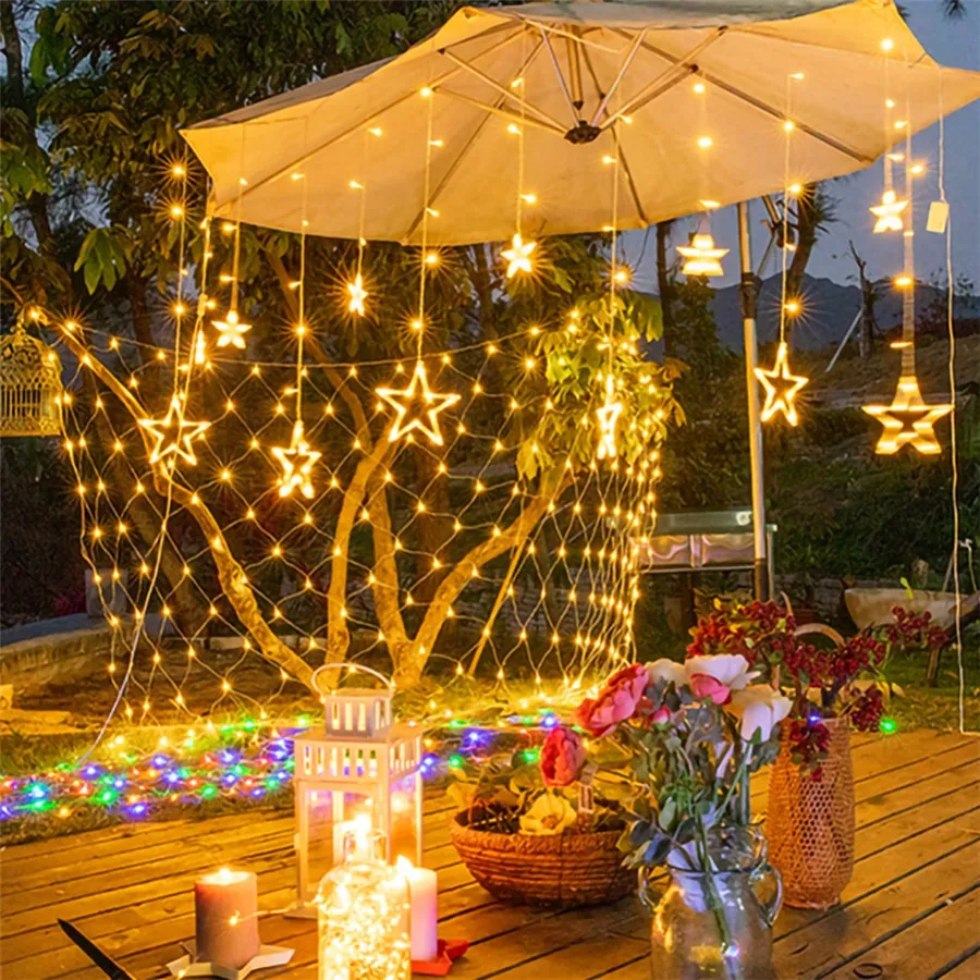 Imagem -06 - Solar Powered Estrela Lua Led Luzes da Corda à Prova Impermeável Água Jardim Fadas Cortina Luzes Modos Lâmpada Fio para Decoração de Natal Casamento