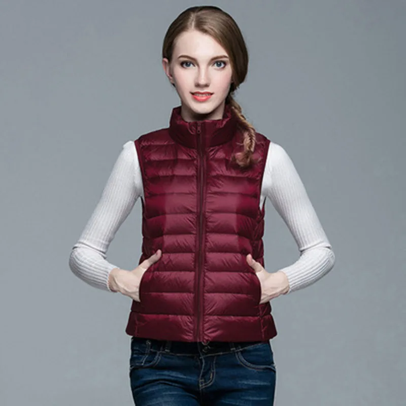 Slim Women Down Vests Spring Autumn Sleeveless Duck Down Coat Stand-up Collar Waistcoat Plus Size Vest