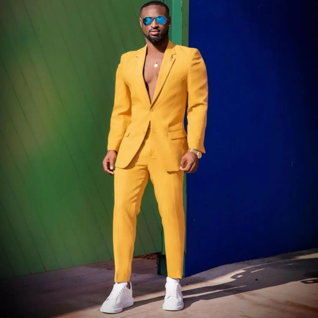 Traje de caballero amarillo para hombre, pantalones de negocios de talla grande, esmoquin a medida para fiesta de graduación y boda (chaqueta + pantalones)