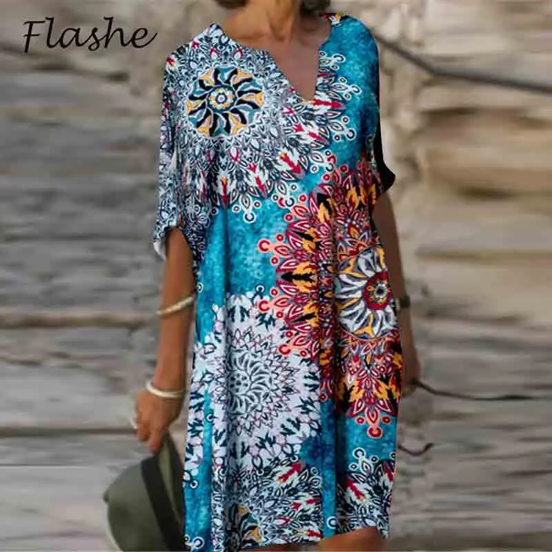 

Print Floral Vintage Dress Women Summer Casual V-Neck Half Sleeve Sundress Print Beach Dress Party Dresses For Women 2022