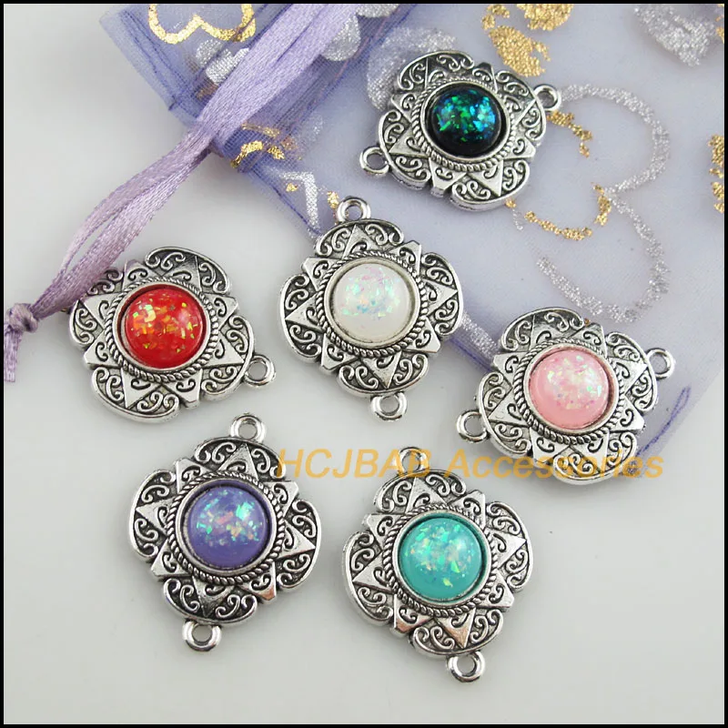 6 AB สั่นเรซิ่นตัวเชื่อมต่อดอกไม้ผสม Charms เงินทิเบต23.5x30mm