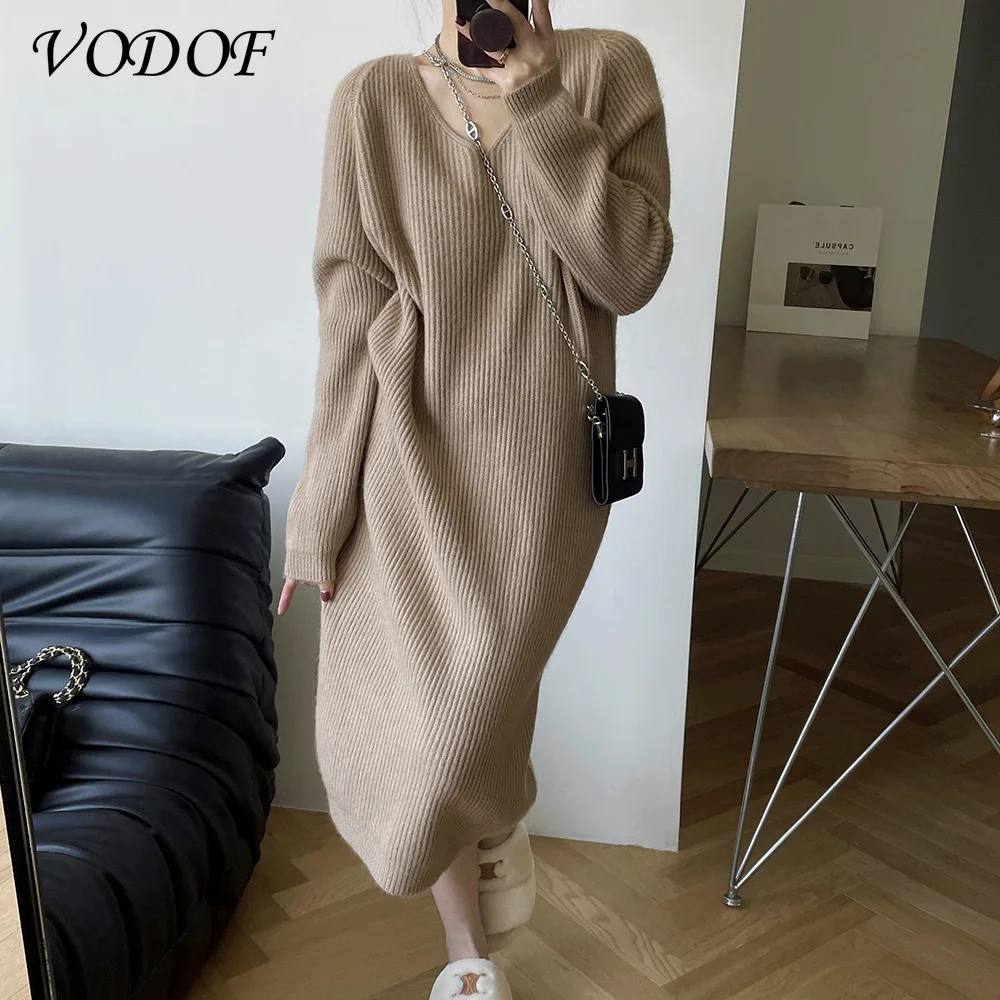 Vodof Winter Herfst Oversized Gebreide Kasjmier Trui Vrouwen V-hals Basic Thicken Truien Vrouwelijke Knit Truien Top