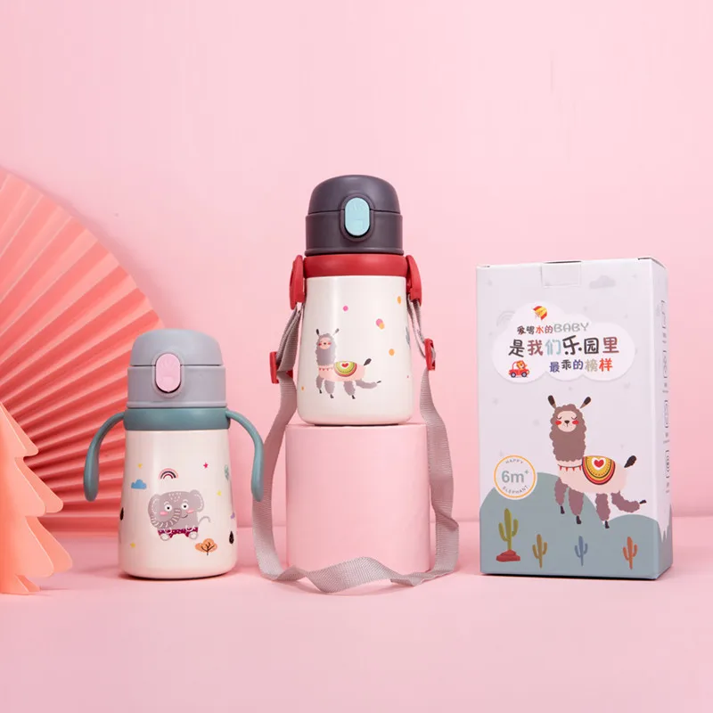 

360ml Cartoon Baby Stainless Steel feeding cups with straw Kids Vacuum Flask with handles&sling cute Thermos Mug for children