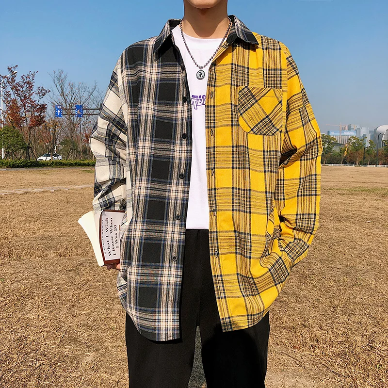 New Plaid Contrast Colour Casual Loose Shirt 2021 Fashion Patchwork Long Sleeve Casual Shirt Hip Hop Street Clothing Men\'s Shirt