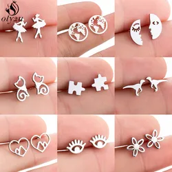 Fashion Cute Ballet Earings Women Jewelry Minimalist Puzzle Dinosaur Map Wave Cat Stainless Steel Stud Earrings Girls pendientes