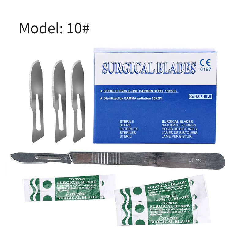 100pcs/Box Dental Surgical Scalpel Sterilized Blades Carbon Steel #10 #11 #15 with 1PC #3 Scalpel Handle Dental Material