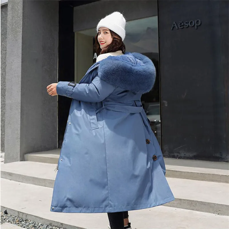 Women\'s Winter Jacket Hooded X-Long Thick Warm Cotton Padded Parkas Woman Wool Liner Distachable Plus Size Jackets Coat