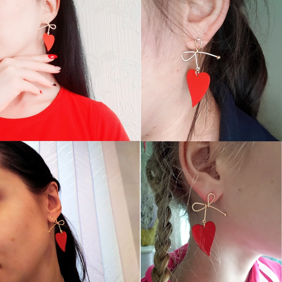 Women Heart Drop Earrings for Party Jewelry Vintage Gold Color Metal Bow Knot Earrings Geometric Female Brincos New Fashion