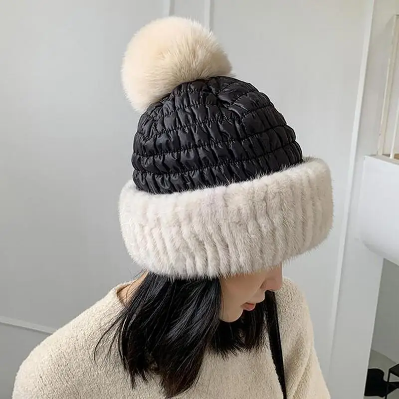 ZDFURS*2021 Winter New Style Mink Fur Hat  Caps Knit Down Feather Beanies Sweet  Warm Ear Protection Female Skullies Fox Balls