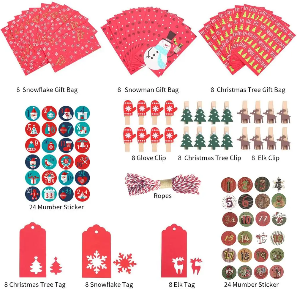 24 Days Christmas advent calendar gift bags Party Filler Christmas Countdown Decorations with Advent Numbers Stickers  Clips