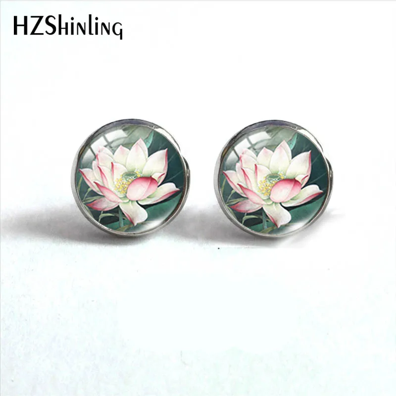 Waterlilies lotus Flower Pattern Glass Stud Earrings Glass Cabochon Ear Fashion Jewelry