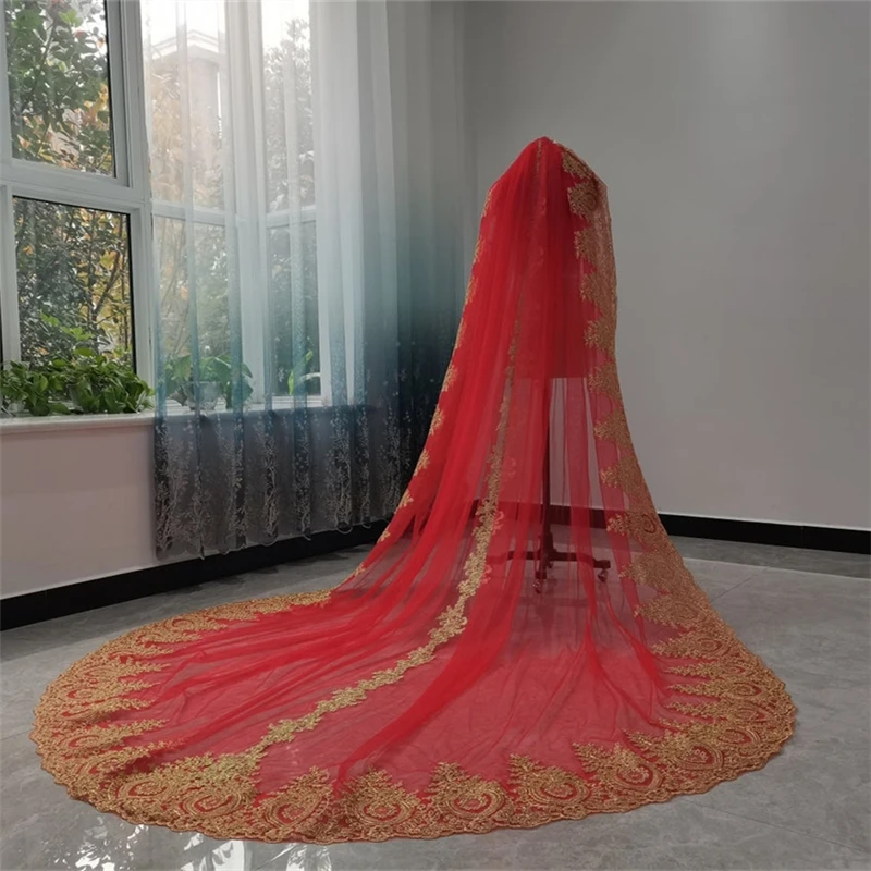 Gold Lace Bridal Veils Red Tulle With Comb Single Layer Cathedral Long Colored Wedding Veils for Brides Velos de Novia