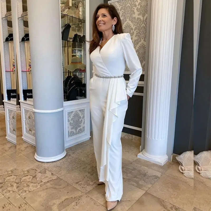 

White Jumpsuit Mother of the Bride Suits V Neck Crystal Belt Weddding Guest Oufit Long Sleeve Maxi Dress