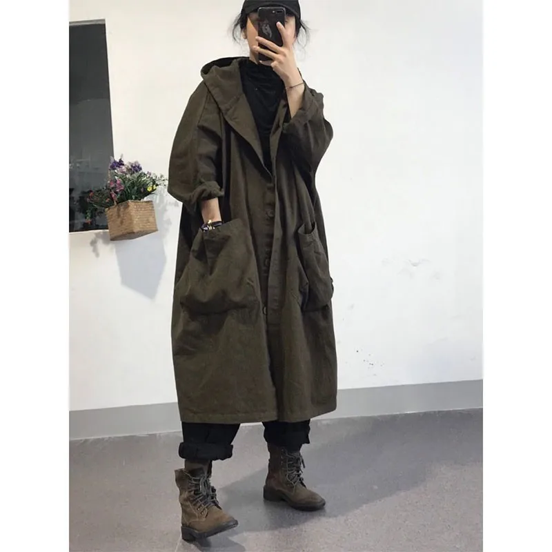 

2020 Autumn New Korea Fashion Women Loose Hooded Trench Coat All-matched Casual Single Breasted Long Trench Coat Femme M593