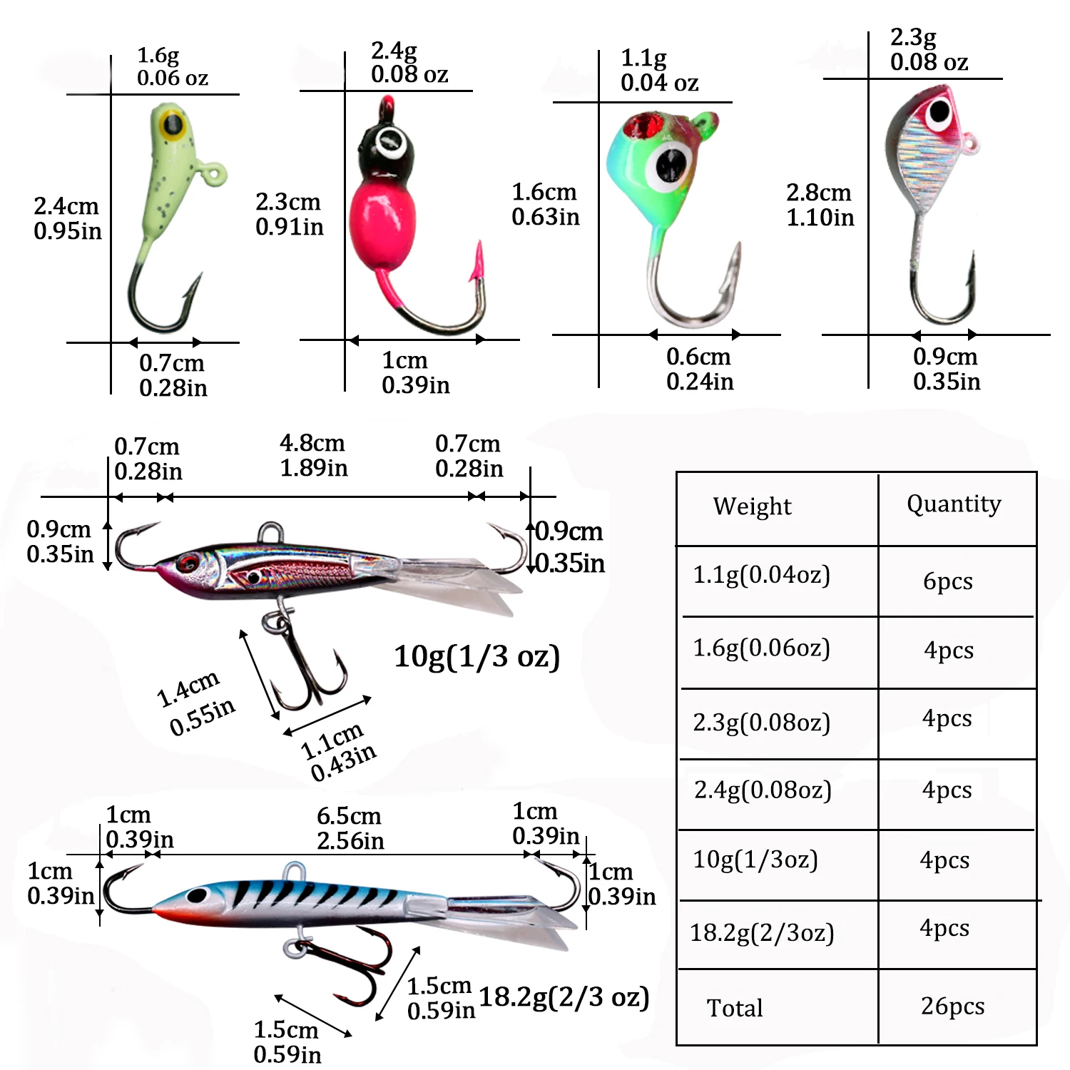 26pcs Ice Fishing Lure Hooks Kit 1.1g-18g Winter Ice Fishing Jigs Head Barbed Hook Set Walleye Fishing Hard Lures