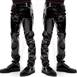 Sexy Men Latex Patent Leather Straight Trousers Mid Waist Button Fly Pencil Pants Glossy Pencil Pants Gothic Punk Party Clubwear