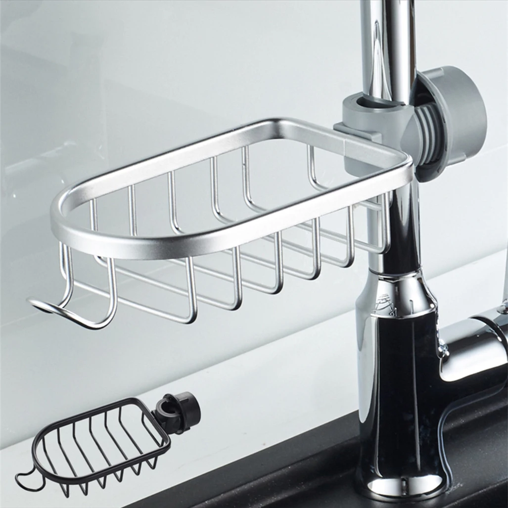 Kitchen Storage Rack Black/Silver Aluminum Faucet Tube Fixed Shelf Bathroom Shower Tube Adjustable Drain Net Basket With Hook