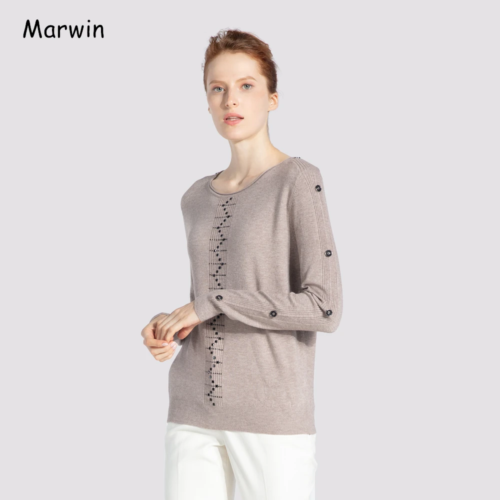 

Marwin 2021 New-Coming Spring Tops O-Neck Buttom Beading Women Sweater High Street Style Close-Fitting Female Knitwear Pullover