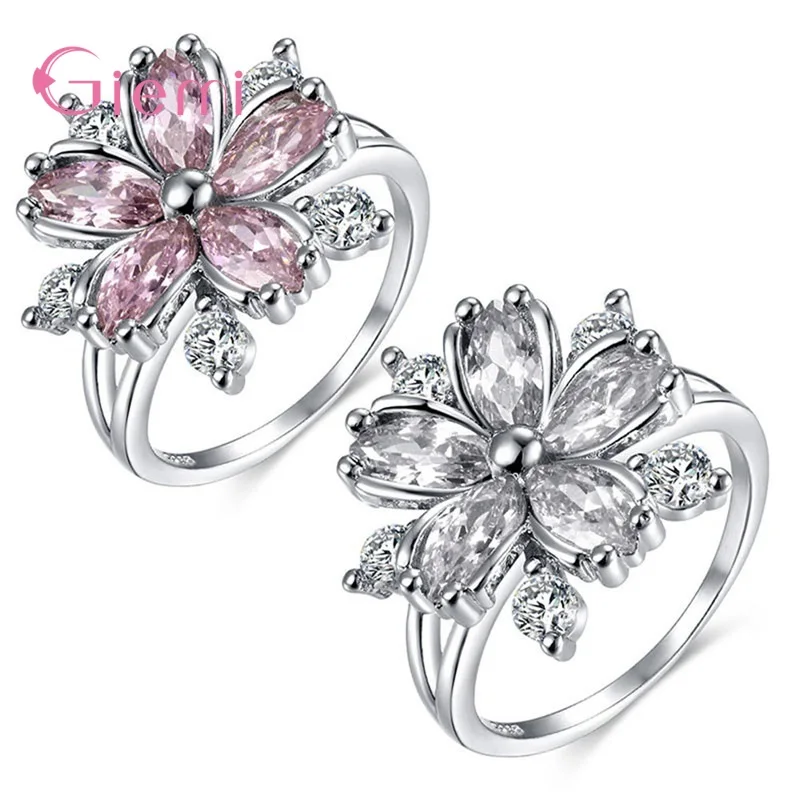 

Cute Romantic Pink White Zircon Cherry Blossom Women Wedding Rings 925 Sterling Silver Promise Engagement Ring for Women