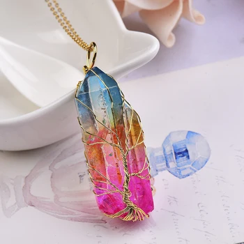1PC 자연 전기 도금 생명의 나무 펜던트 Deaurate 목걸이 Reiki 치유 에너지 돌 부적 소녀 매력 선물