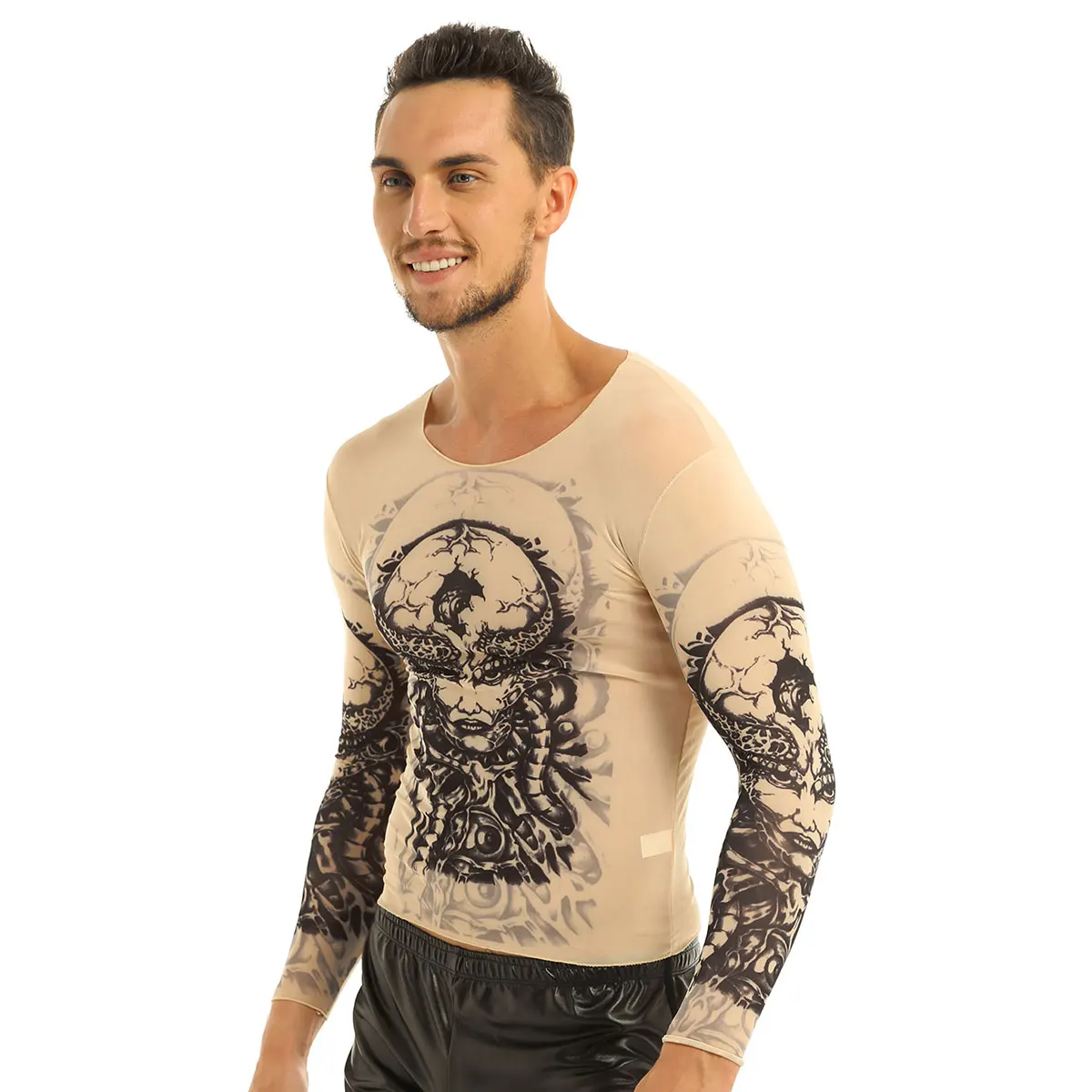 YiZYiF Fashion Mens Stretchy See Through Fake Tattoo Design T Shirt Top Long Sleeve O-Neck T-Shirt for Men\'s Halloween Party