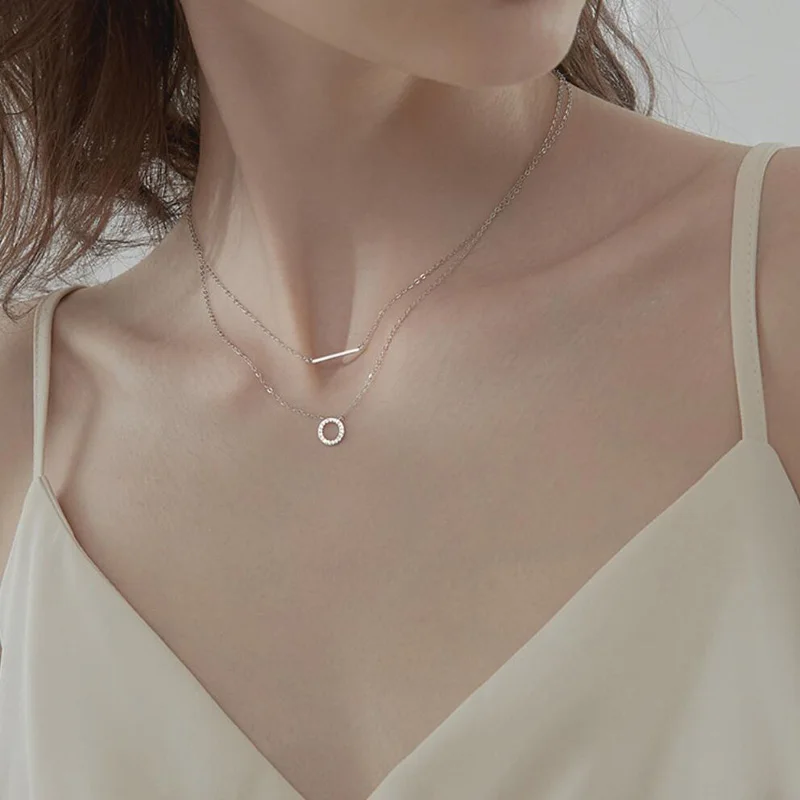 KOFSAC Fashion 925 Sterling Silver Jewelry Necklaces For Women Shiny Zircon Circle Double Chain Necklace Lady Anniversary Gifts
