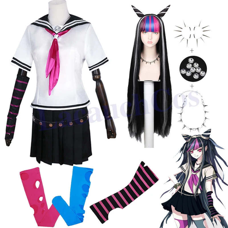 Anime Dangan Ronpa 2 Ibuki Mioda Cosplay Costume  Wig Necklace Women Girls Dress Jk School Uniform Sailor Suit Skirt