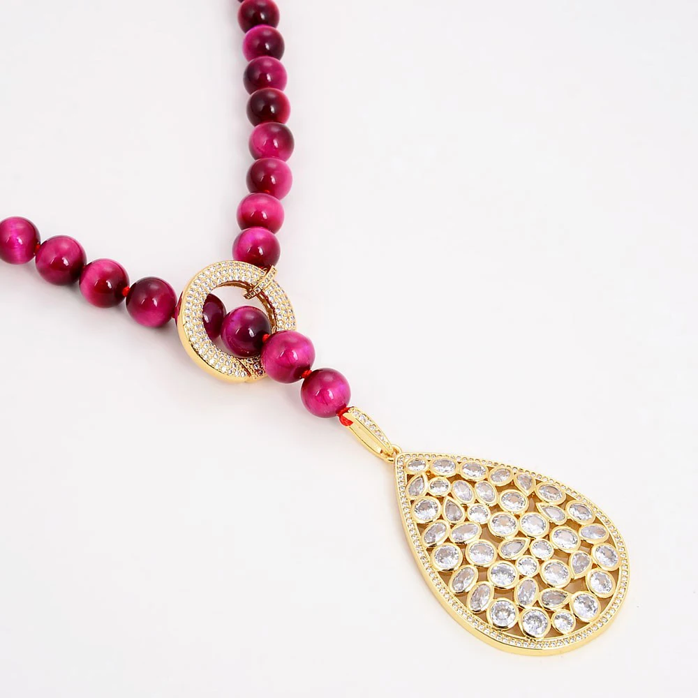 10mm Fuchsia Tiger Eye Long loop Necklace Cz pave pendant 48''