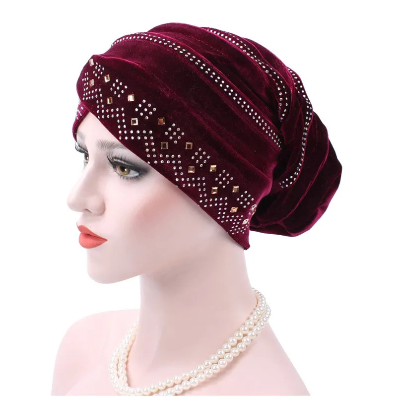 Women Flower Chemo Cap Muslim Hijab Beads Turban Velvet Inner Caps Hat Scarf Wrap Headwear Islamic Headscarf Beanie Bonnet Arab