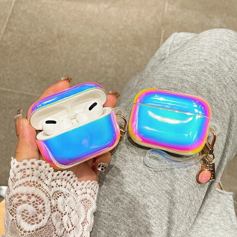 Luksusowe Gradient Laser TPU miękkie słuchawki Case dla apple airpods pro 3 zestaw słuchawkowy pokrywa dla AirPods 2/1 Shell Box Pearl Gem Key Ring