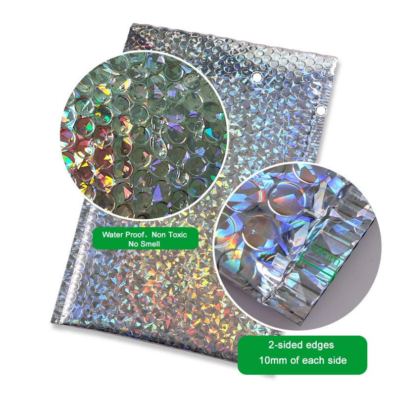 50PCS Holographic Metallic Bubble Mailer Glamour Colorful Silver Shades Foil Cushion Wedding Bags Padded Shipping Envelopes