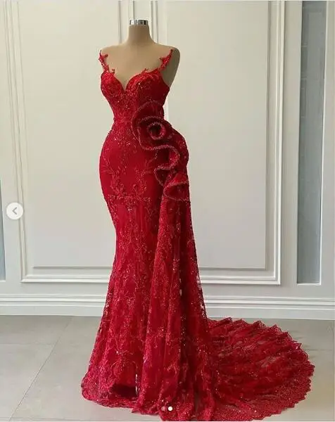 Luxury Red Lace Beaded Evening Pageant Dresses 2025 Real Image Sheer O-neck Ruffles Side Peplum Occasion Prom Dress Vestidos