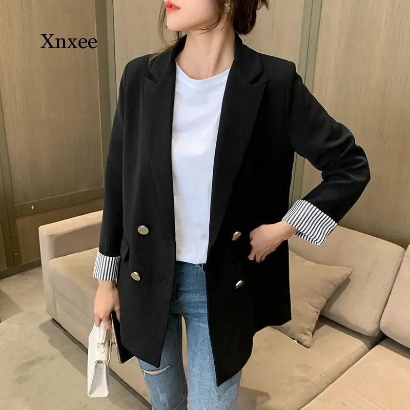 Ladies Office Ladies Casual Oversized Ladies Black Blazer Spring 2021 Striped Cuffs Retro Chic Women Solid Color Blazer Jacket