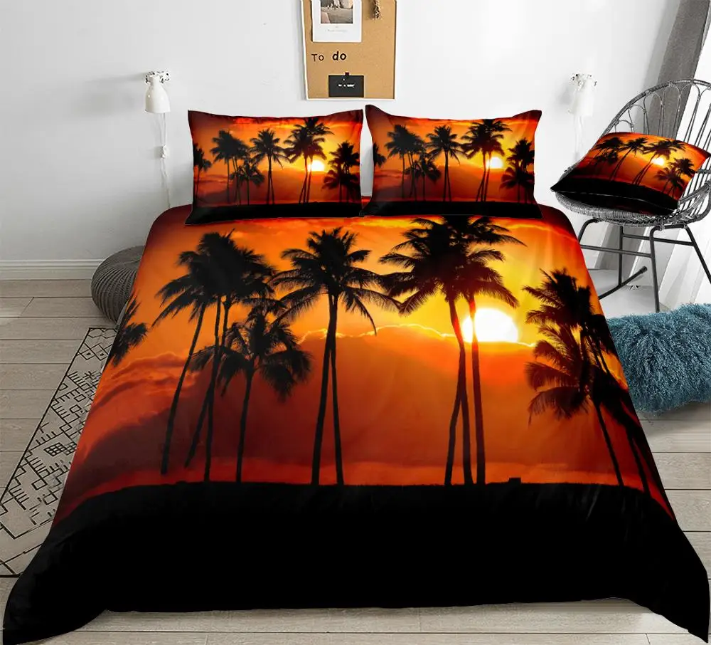 Coconut Palm Tree Bedding Set Tropical Plant Home Textile Black White Duvet Cover Set Palm Leaves Bedclothe Tropic Bed Linen