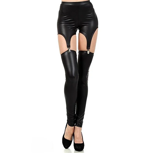 Neue Sexy leggings mit hosenträger für frauen faux leder strumpf leggings schnalle taille strumpfband hosen leggings