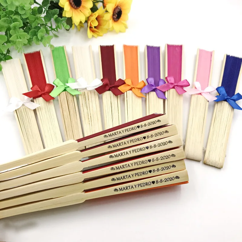 

80/90PCS Personalization Wedding Favors, Colorful Fabric Hand Fan, Custom Printing New Couple's Name & Date Foldble Bamboo Fans