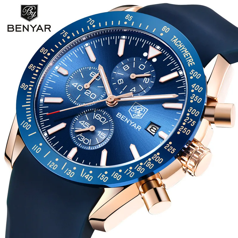 BENYAR Luxury Brand Men\'s Casual Quartz Watch Silicone Strap Military Chronograph Men\'s 30M Waterproof Watch Montre Homme