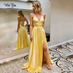 Customized Yellow Prom Dresses Long Luxury Satin A-line Formal Vestido De Festa For Women Cross Backless  Evening Dress