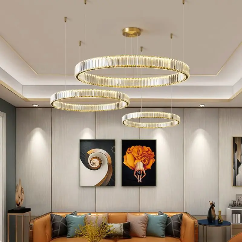 

Modern Crystal Chandelier Ring Gold LED Pendant Round Hanging Cristal Lamp Villa Lobby Living Room Dining Bedroom Bar Hotel