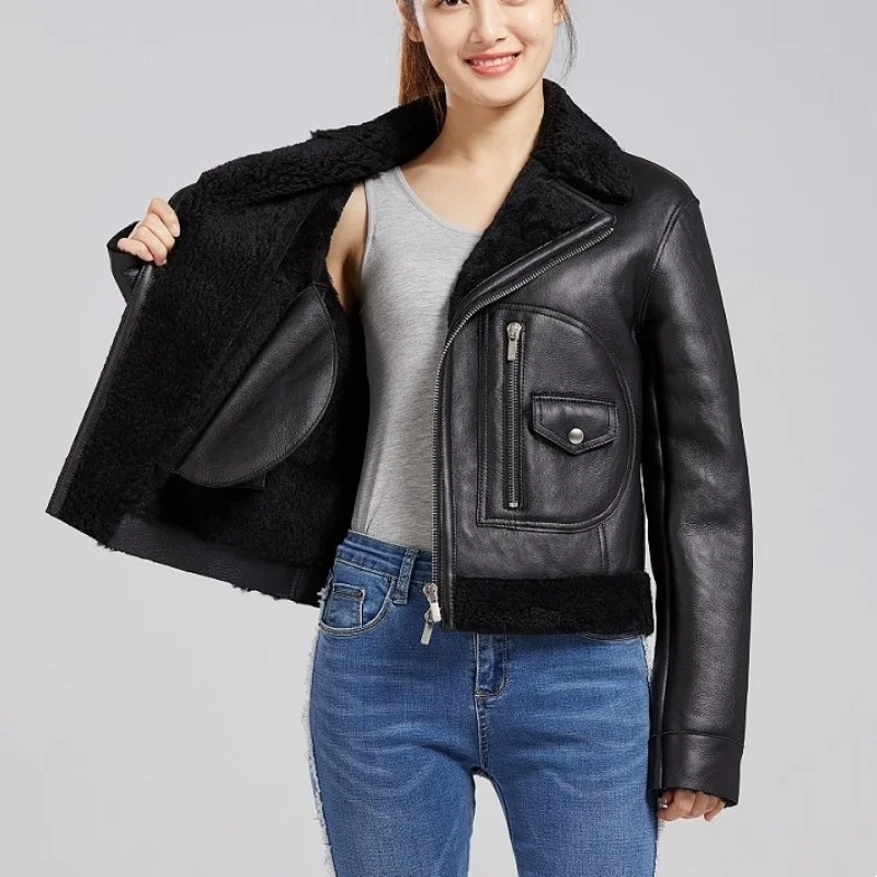 

Natural Punk Sheepskin Women Motorcycle Biker Shearling Coat Genuine Leather Real Fur Wool Liner Short Jacket Winter Outerwear