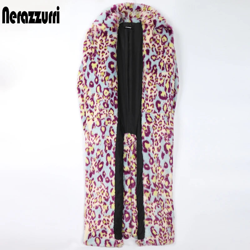 Nerazzurri Winter Extra Long Colorful Warm Thick Fluffy Leopard Print Faux Fur Trench Coat for Women Runway European Fashion