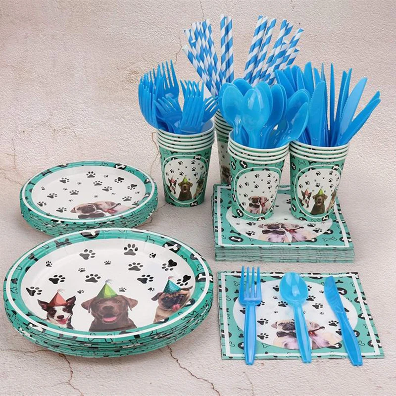 The New Pet Dog Theme Party Paper Cups Paper Plates Pull Flag Birthday Banquet Tableware Adornment Tablecloth Children\'s Day 358