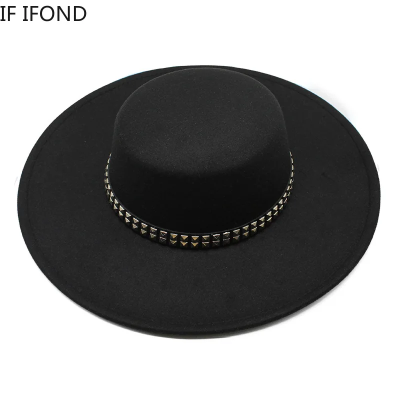 2022 High Quality 10CM Wide Brim Fedora Hat Vintage Classic Wool Felt Hats With Belt Decor Panama Black Formal Dress Hat