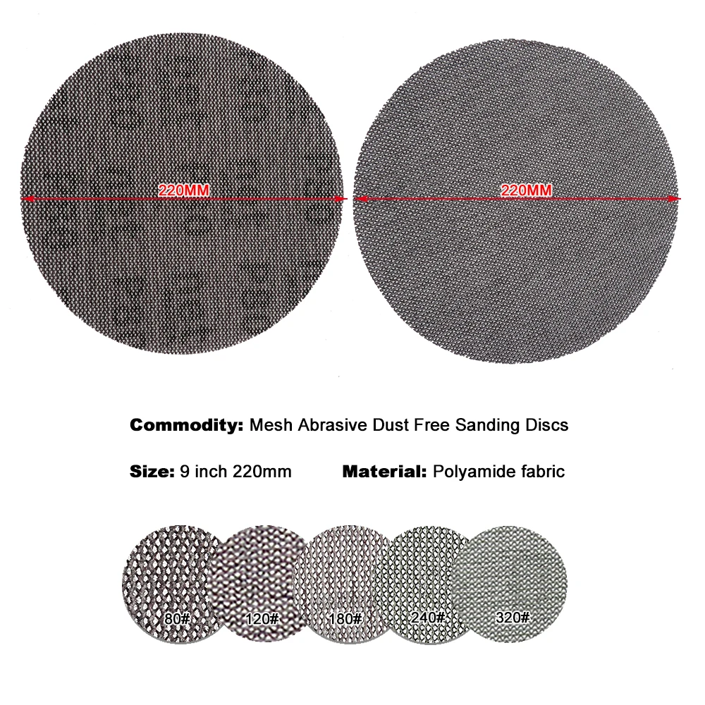 15Pcs 9 Inch 220mm Sandpaper Autonet Mesh Sanding Discs Dust Free Anti-blocking 80/120/180/240/320 Grits