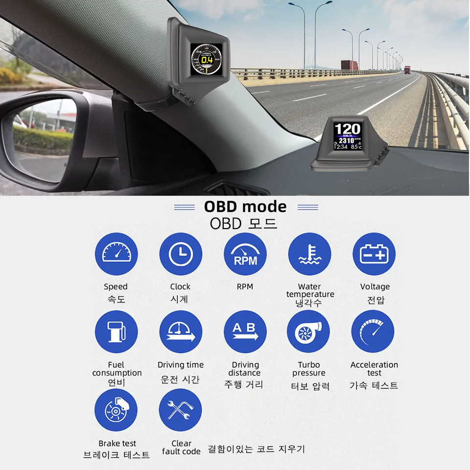 Vjoycar ACE S1 Car HUD Gauge Head Up Display Small Gadget M43 OBD2 Security Alarm RPM MPH & KMH Digital Speed Odometer