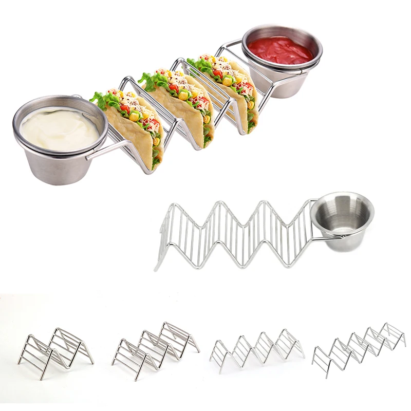 Soportes para tacos de acero inoxidable con forma de onda, estante para comida mexicana, soporte para perritos calientes, soporte para exhibición, tazón para condimentos, 5 tamaños